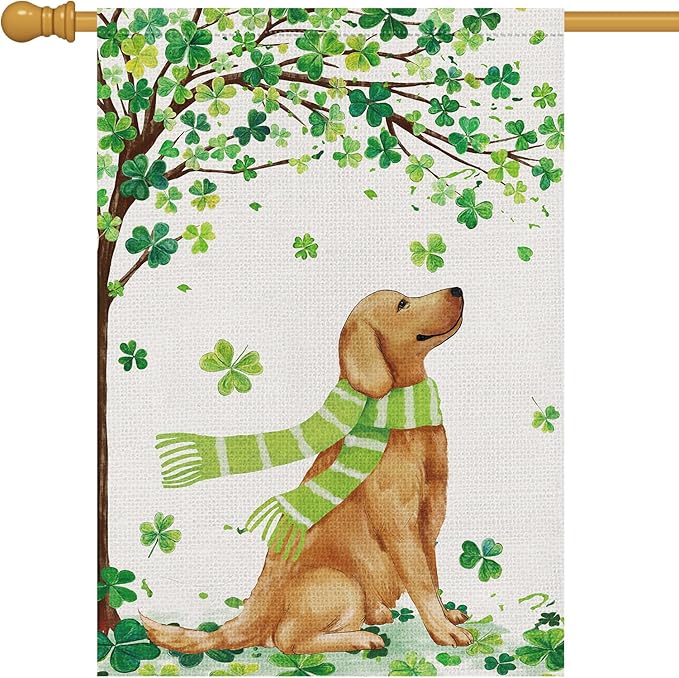 Louise Maelys St. Patrick's Day Garden Flag Lucky Clover Golden Retriever Welcome Double Sided 28x40 Inch Large Burlap Spring Holiday Yard Sign Outdoor Outside Home Decor
