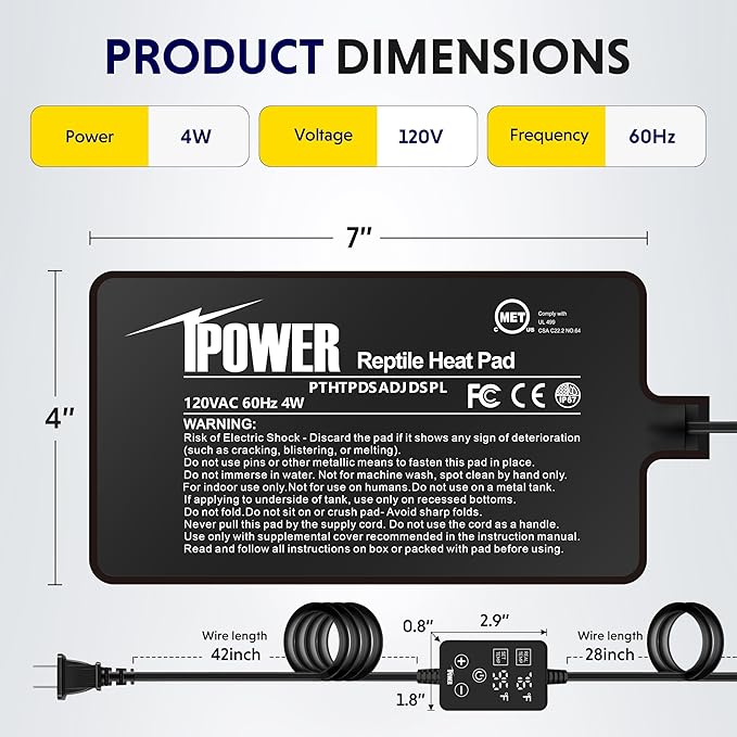 iPower 4 by 7 Inch 4W Reptile Heating Pad with Adjustable Thermostat, Under Tank Warmer Terrarium Heat Mat for Turtles/Snakes/Lizards/Frogs, and Other Reptiles