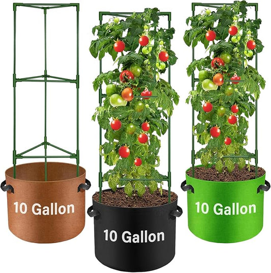 Suntee 3 Pack Tomato Cage with 10 Gallon Grow Bags, 48 Inch Tomato Cages for Garden Patio Balcony, Adjustable Height Tomatoes Plant Support for Climbing Vegetables Plants Flowers