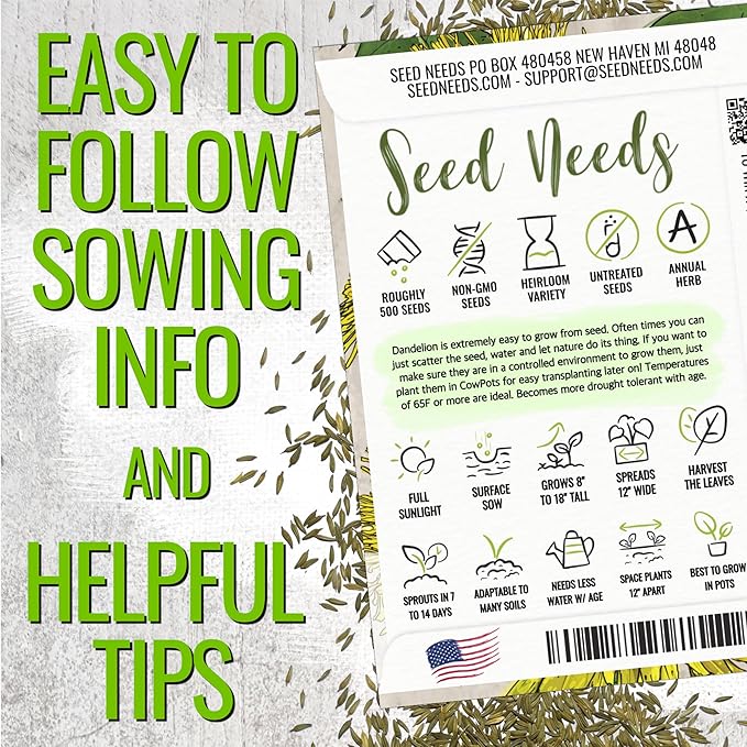 Seed Needs Dandelion Seeds for Planting Traxacum officinale - Non-GMO Heirloom & Untreated Garden Seed to Plant Dandelions for Herbal Uses & Edible Salads (5 Packs (2,500 Seeds))