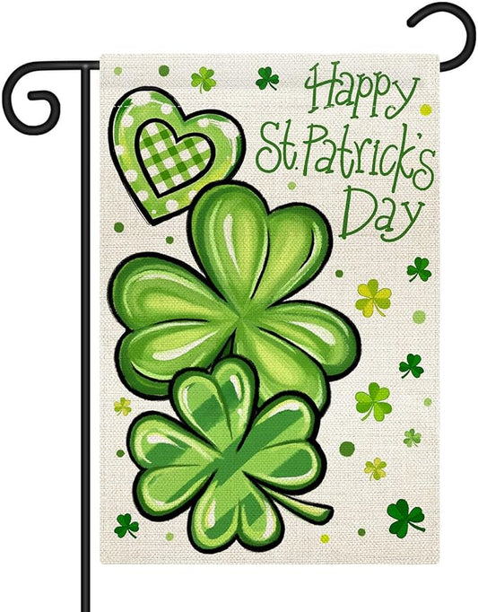 Nanafast Happy St. Patrick's Day Garden Flag Double Sided 12x18 Inch Shamrock Clover Garden Flags for Outside Yard Decoration