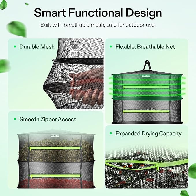 VIVOSUN 2-Layer Mesh Drying Rack Hanging Design with Green Zippers for Dehydrating, Indoor and Outdoor Pruning Shears Included (Pack of 2)