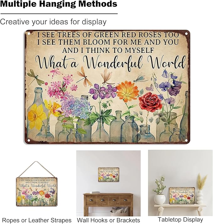 Gardening Sign What A Wonderful World Vintage Flower Tin Plate Sign for Outdoor Garden Greenhouse Yard 8x12 Inch