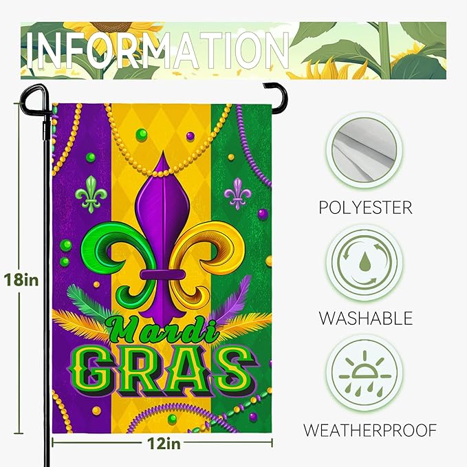Mardi Gras Garden Flag 12x18 Inch Double Sided Fleur de Lis Yard Flags for Outside Decoration Carnival Beads New Orleans Small Flags for Garden Outdoor