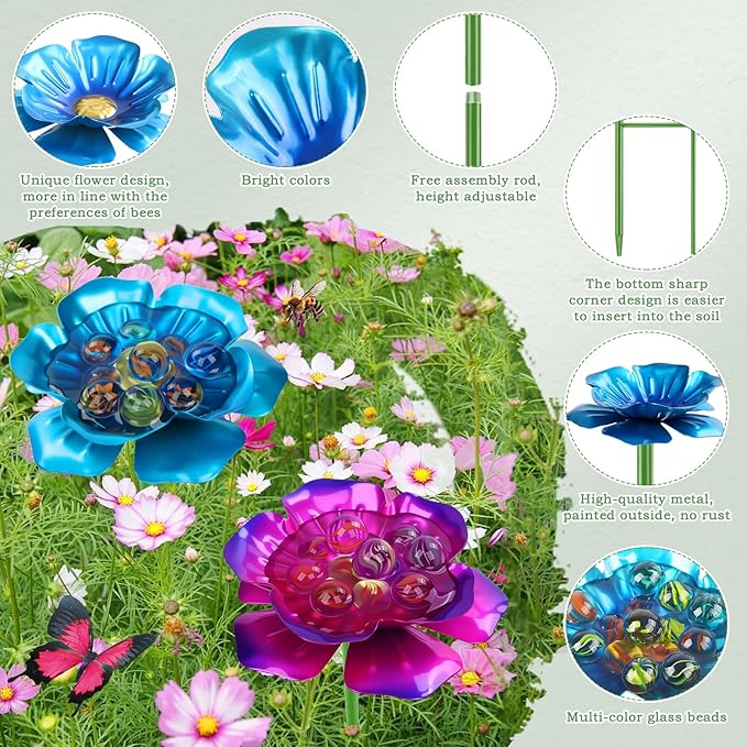 2 Pack Bee Watering Station, Metal Bee Feeder with Glass Marbles, Flower Design Bee Butterfly Watering Station Bee Waterer for Outdoor Garden Courtyard Decor