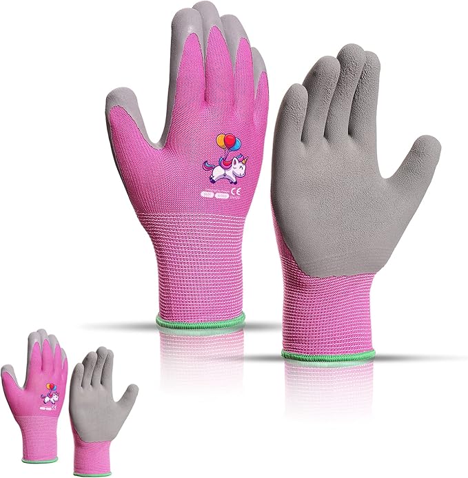 Ages 3-5 Kids Gardening Gloves,Yard Work Gloves for Toddlers, Youth, Girls, Boys, Childrens, Soft Safety Rubber Gloves (XXXS Age 3-5, 2 Pairs Pink Unicorn)