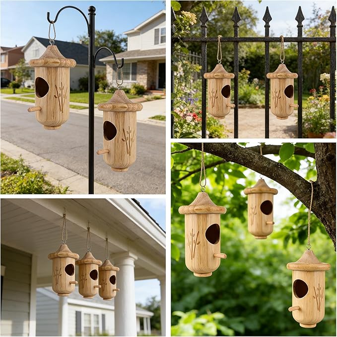 Hummingbird House for Outside Hanging, Wooden Hummingbird Gifts Nest 3 Pack with Hemp Ropes, Gardening Gifts Humming Bird Houses Home Decoration