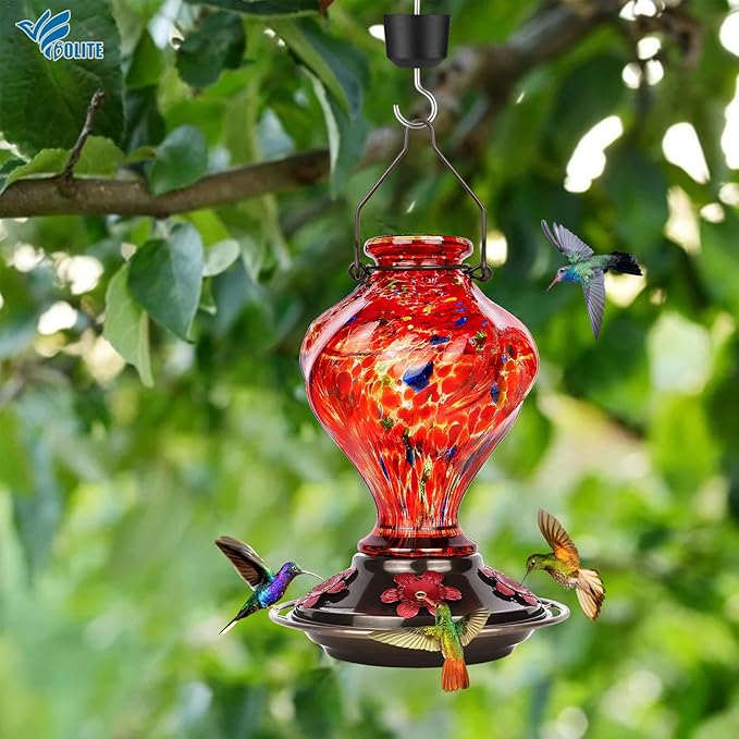 Hummingbird Feeder, BOLITE Glass Hummingbird Feeders for Outdoors Hanging, Hand Blown Twisted with Ant Moat and Five Feeding Ports, 24 Ounces, Leak Proof, Red, Gifts for Women Men, Gifts for Mom Dad
