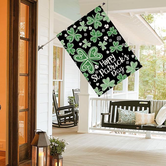 AVOIN colorlife Happy St Patricks Day House Flag 28x40 Inch Double Sided Outside, Shamrock Lucky Clover Floral Yard Outdoor Flag