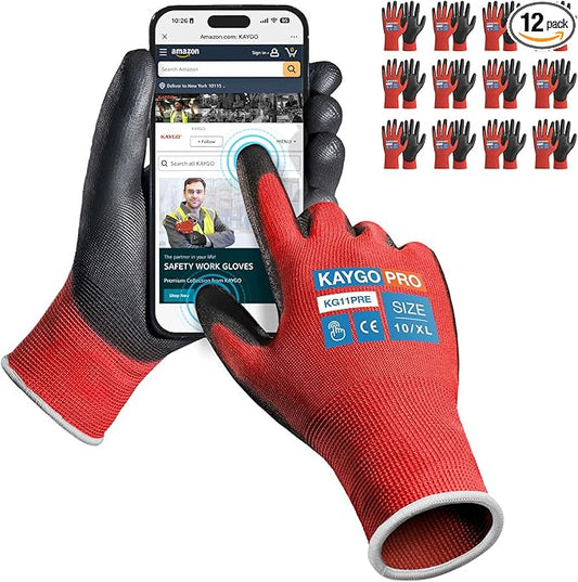 Work Gloves PU Coated for Men and Women, 12 Pairs Safety Work Gloves with Two Fingers Touchscreen, Breathable and Lightweight,Ideal for Light Warehouse, Manufacturing, Gardening, KG11P (XL, Red)