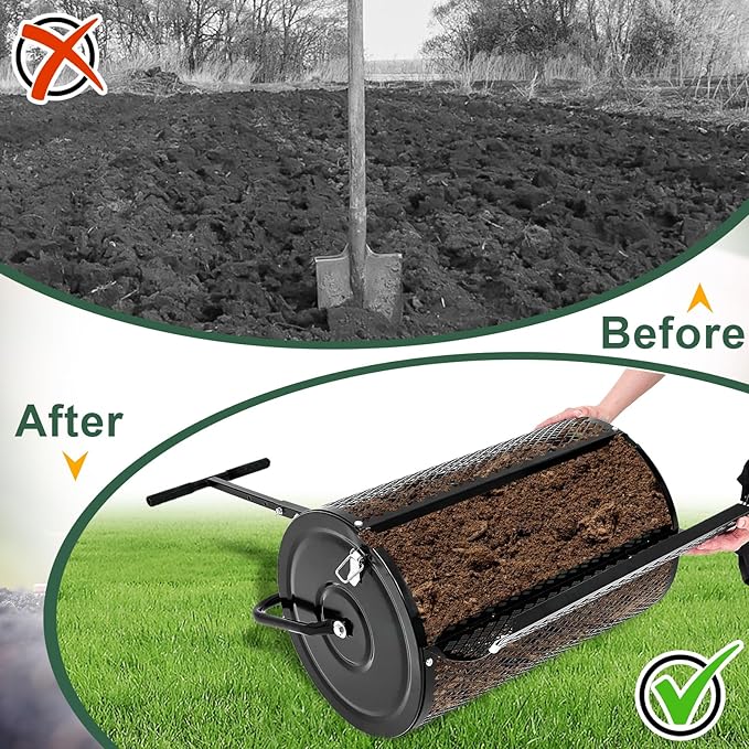 Hiboom 36 Inch Compost Spreader, Peat Moss Spreader, Manure Roller with Adjustable T Shaped Handle, Lightweight Metal Mesh for Lawn Garden Spreading Manure Topsoil (Black)