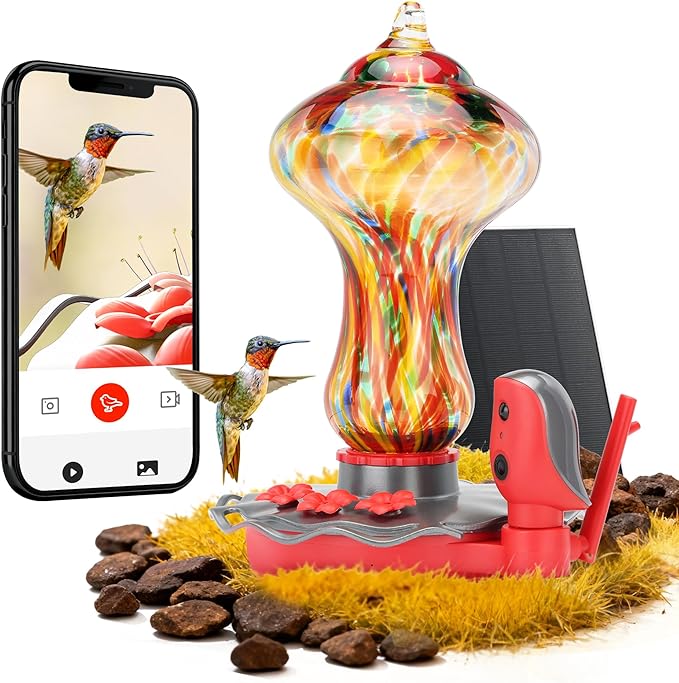 TT Nature Glass Smart Hummingbird Feeder with Camera Solar Powered 2K- AI Identify & Water Detection, Instant Notification, Leakproof & Ant Moat, Compatible with Alexa & Google Assistant