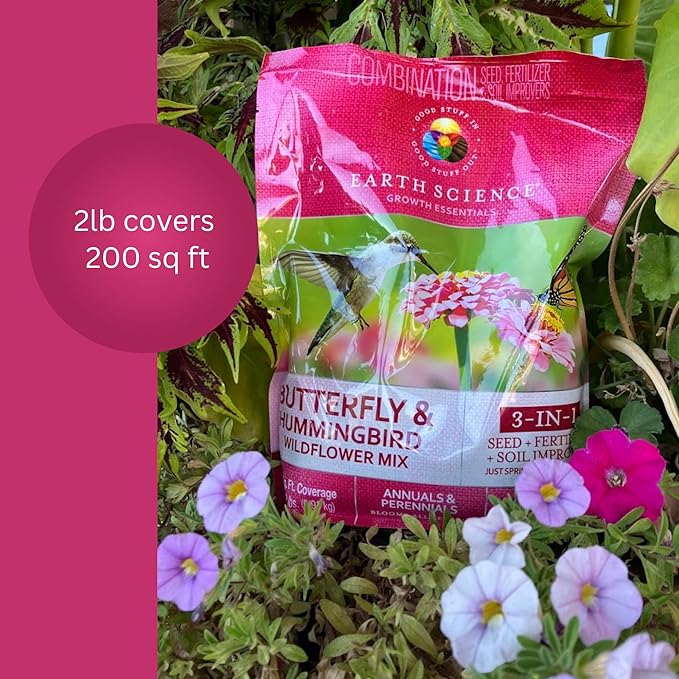 Earth Science Wildflower Butterfly & Hummingbird Mix—6 lb— 3-in-1 Premium Wildflower Seed, Plant Food and Soil Conditioners, Non-GMO for Bees, Hummingbirds, Butterflies, Pollinators