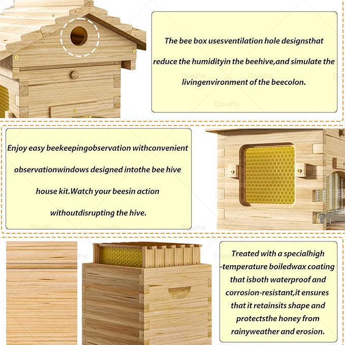 Wooden Beehive Starter Kit for Beginners, Self-Flowing Bee Hive with Mold Resistance, Easy Assembly Complete Set for Backyard Beekeepers & Garden Pollinators