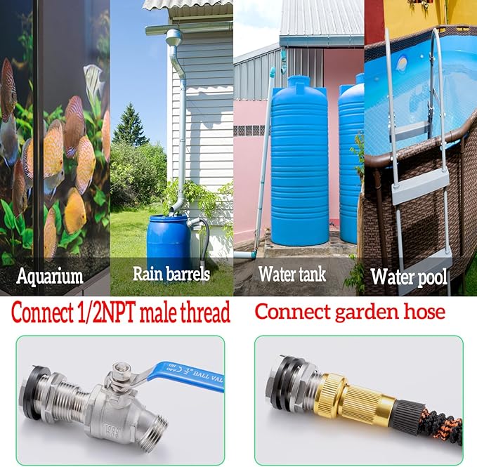 Bulkhead Fitting With Plugs（304 Stainless steel），lead-free, 1/2" Female NPT, 3/4" Male GHT (garden Hose Thread), for Rain Barrels, Aquariums, Water Tanks, Tubs, Pools, Spigot, Sinks，2 Pack…