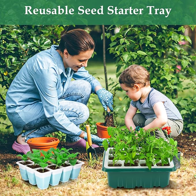 12 PCS Reusable Seed Starter Tray, 144 Cells Seed Starter Kit with Flexible Pop-Out Cells, Seedling Starter Trays for Seed Starter, Indoor Greenhouse Seeding Planting Growing
