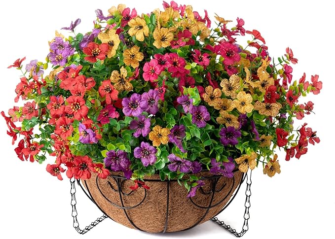 HyeFlora Artificial Faux Hanging Plants Flowers Basket for Summer Outdoor Outside Decoration, Fake Silk UV Sun Resistant Look Real Colorful Daisy Eucalyptus for Porch Home Patio Balcony Yard