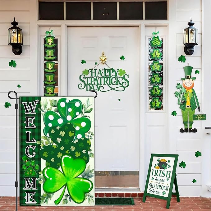 St Patricks Day Garden Flag Shamrock Lucky Irish Blessing Garden Flag Happy St Patrick's Day Yard Decor Garden Flags for Outside 12×18 Inch Double Sided Outdoor House Holiday Decorations