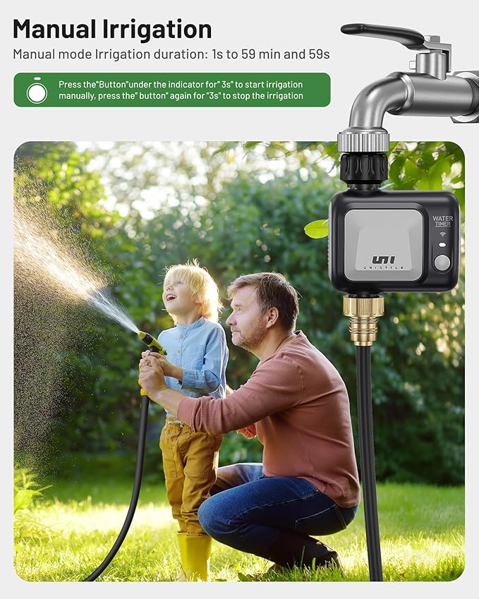 WiFi Sprinkler Timer, Unistyle Programmable Smart Water Timers, WiFi Irrigation Controller with Rain Delay, Auto Mode Manual Mode, Outdoor Hose Timer for Patio Lawns, Yards and Garden