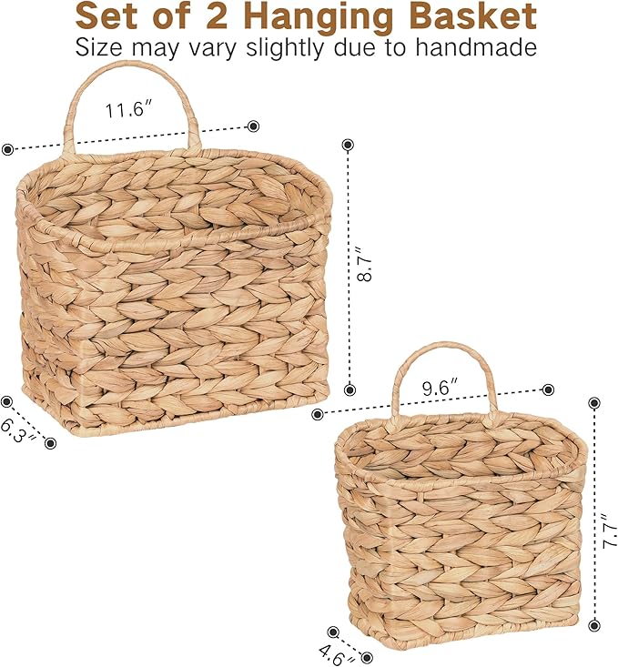 Set of 2 Hanging Basket, Wicker Wall Basket Natural Water Hyacinth, Hanging Baskets for Organizing and Decor, Storage Baskets for Door Mounted