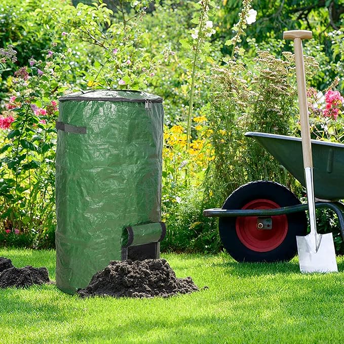34 Gallon Garden Compost Bin Bag, Reusable Organic Fertilizer Fermented Bag with Lid,Collapsible Leaf Lawn Bags Gardening Container (Green)
