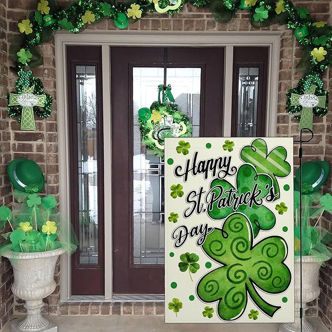 Happy St Patricks Day Garden Flag 12×18 Inch Double Sided St Patrick's Day Yard Sign Garden Flags for Outside Shamrock Lucky Irish Blessing Garden Flag Outdoor Banner Holiday Decor