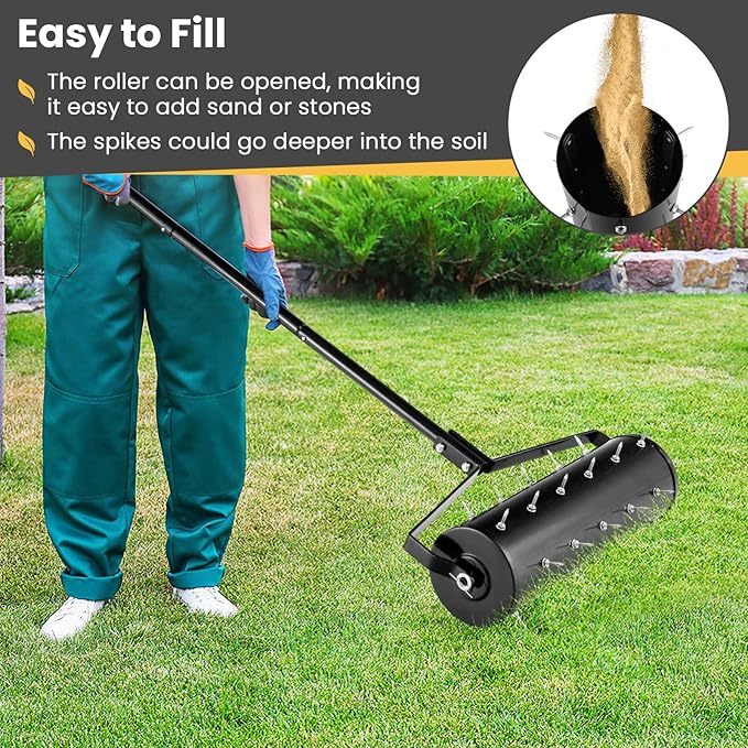 Goplus Rolling Lawn Aerator, 21-Inch Garden Yard Rotary Push Tine Filled Sand Stone, Heavy Duty Spike Soil Aeration w/Metal Handle, Fillable Drum 51" Manual Lawn Aeration Tool Garden Grass Patio Yard
