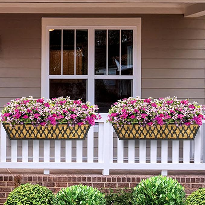 2 Pack 24 Inch Window Boxes Planters Railing Planter Box with Adjustable Brackets for Porch Fence Patio Balcony Hanging Flower Baskets with Coco Liners for Outdoor Garden Décor - Black