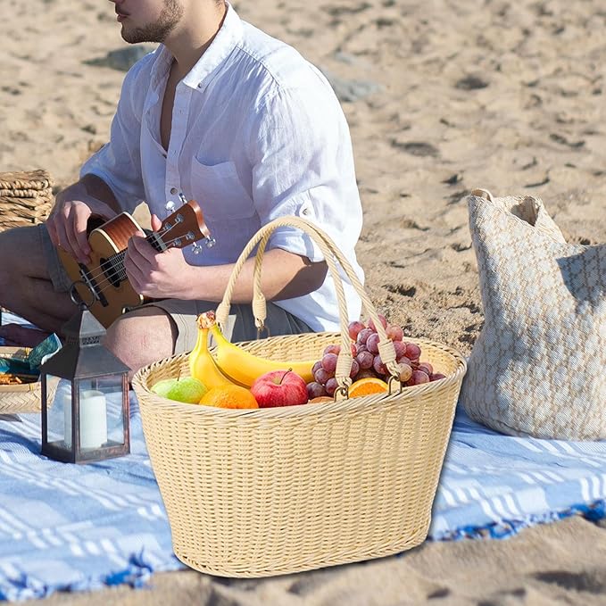 MYCENSE Wicker Picnic Storage Basket with Foldable Handle, PP Woven Empty Picnic Baskets, Sturdy Iron Wire Frame, Versatile Harvest Basket for Camping, Beach, Park, Halloween, C 35x27x17cm