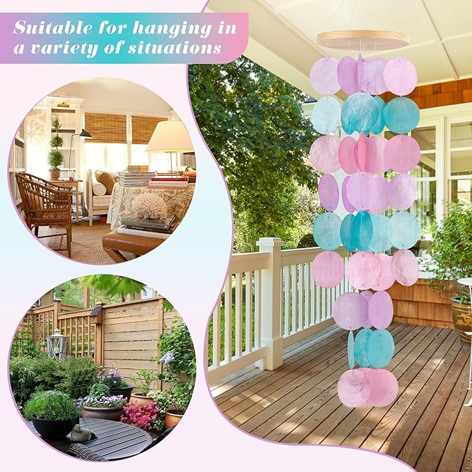 Wind Chimes for Outside - Handcrafted Purple Pink Capiz Shells Windchime Coastal Style Decor for Indoor/Outdoors, Garden Decor, Great Gift for Women, Wind Chimes Lovers and More