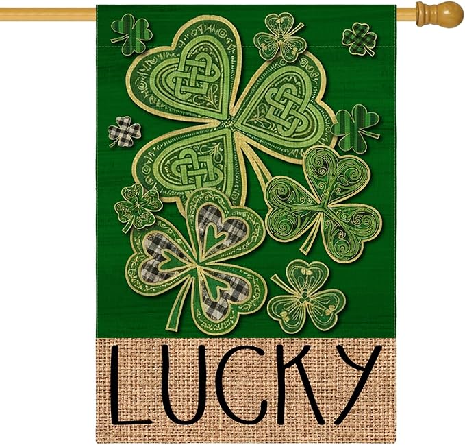 AVOIN colorlife St Patricks Day House Flag 28x40 Inch Double Sided Outside, Lucky Shamrock Clover Irish Floral Yard Outdoor Flag