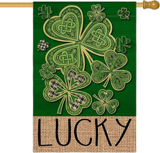 AVOIN colorlife St Patricks Day House Flag 28x40 Inch Double Sided Outside, Lucky Shamrock Clover Irish Floral Yard Outdoor Flag