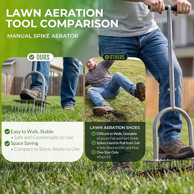 Walensee Four-Row Spike Lawn Aerator,Manual Heavy-Duty Steel Aerator Lawn Tool with 20 Sharp Spikes,Ideal for Small Yards,Lawn Edges,Spot Seeding & Soil Prep,Bare Spots Repair,Gardening Aeration Tool