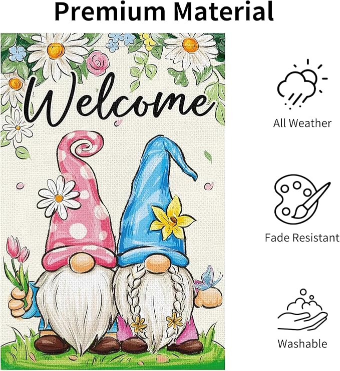 Spring Garden Flag 12x18 Inch - Cute Gnome Couple with Floral Design, Double-Sided "Welcome" Outdoor Decor for Patio Yard Spring Seasonal Decorations