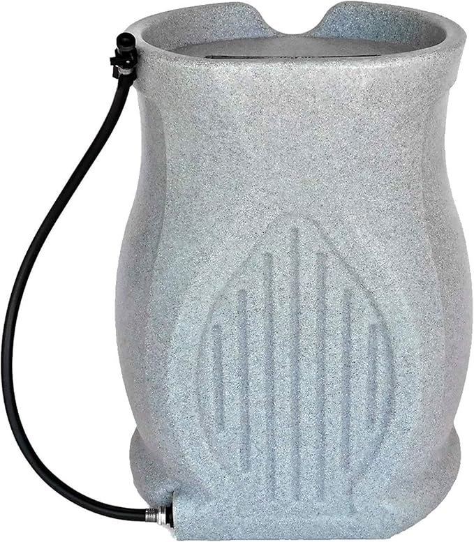 FCMP Outdoor Catalina 45-Gallon Rain Barrel – BPA-Free Flat-Back Design with 3.5 Foot Garden Hose, Shut-Off Thumb Valve, and Fixed Lid (RB-CAT-LTGRNT) Light Granite