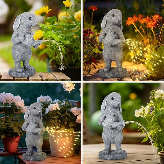 Garden Statues Dog Statue with Solar LED Light, Ideal Gifts for Friends or Family's Birthday, Outdoor Decorations for Yard (Water-Sprinking Rabbit)