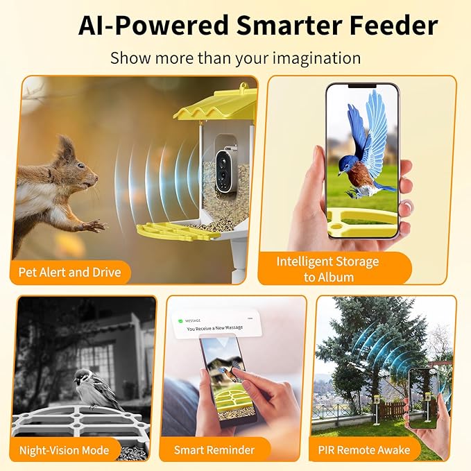 Garvee Smart Bird Feeder with 4k Camera & AI Recognition - Solar Powered, 2L Capacity, Night Vision, App Alerts, for Bird Watching, Squirrel Deterrent Function