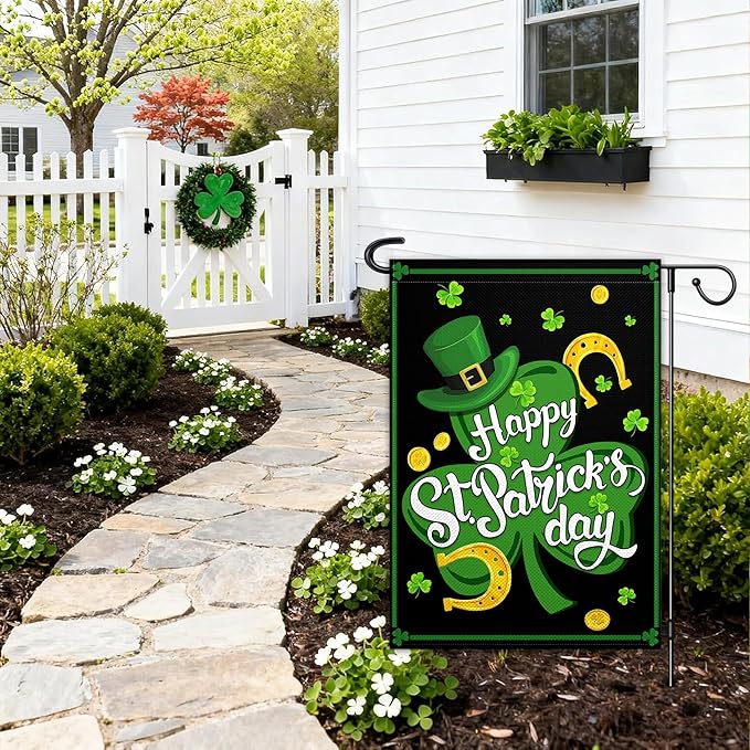 St Patrick'S Day Double Sided Garden Flags 12×18 Happy Shamrocks Garden Flag Clover Hat Gold Coins Flag for Outside Yard House Lawn Outdoor Holiday Sign Decor