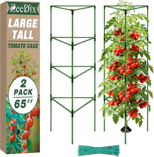[Upgraded] ZeeDix 65 Inch Tall Tomato Cages for Garden, 2 Pack Large Plant Trellis Support Stakes for Climbing Plants, Heavy Duty Adjustable Tomatoes Cage for Pots, Raised Garden Bed Outdoor Supplies