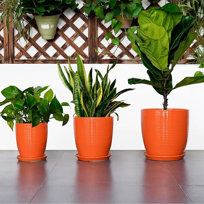 Ceramic Pots for Plants - 8 Inch Plant Pot with Drainage Hole and Saucer, Round Planter for Indoor Outdoor, Modern Flower Planters, Home Apartment Room Decor, Gardening Gifts, Orange