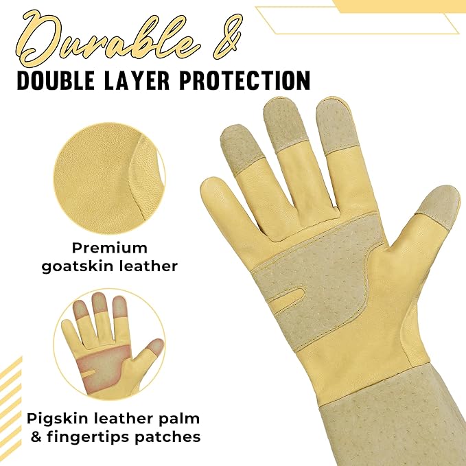 HANDLANDY Rose Pruning Gardening Gloves for Men Women, Thorn Proof Forearm Protection Leather Garden Gloves, Gardening Gifts for Gardeners (Vanilla, Small)