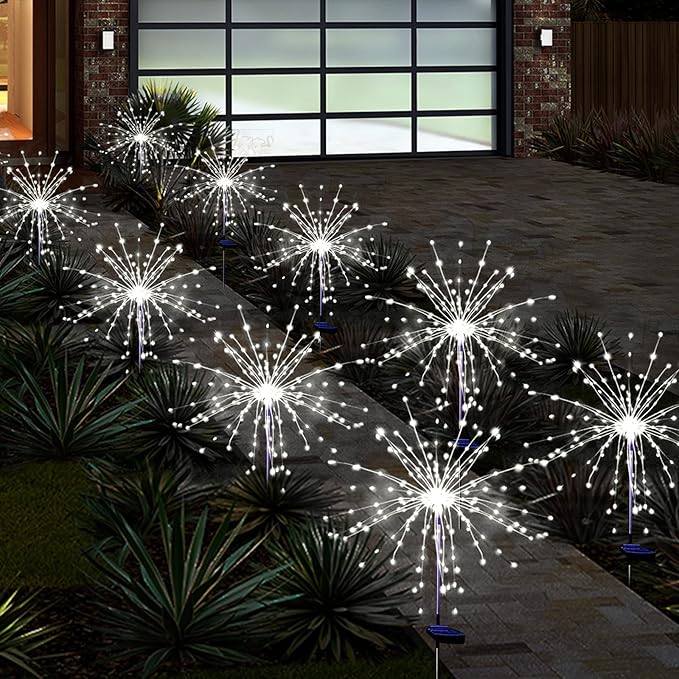 Solar Garden Firework Lights Outdoor Waterproof, 6 Pack Solar Powered Art Stake Twinkle Lighting for Outside Decor, 120 LED Sparklers String Lights for Yard Pathway Decorations(White)