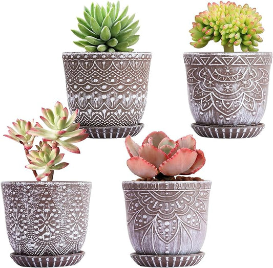 Gepege Succulent Pots, 4 Inch Small Indoor Ceramic Planter Pot with Drainage Holes and Saucers for Plants - Set of 4