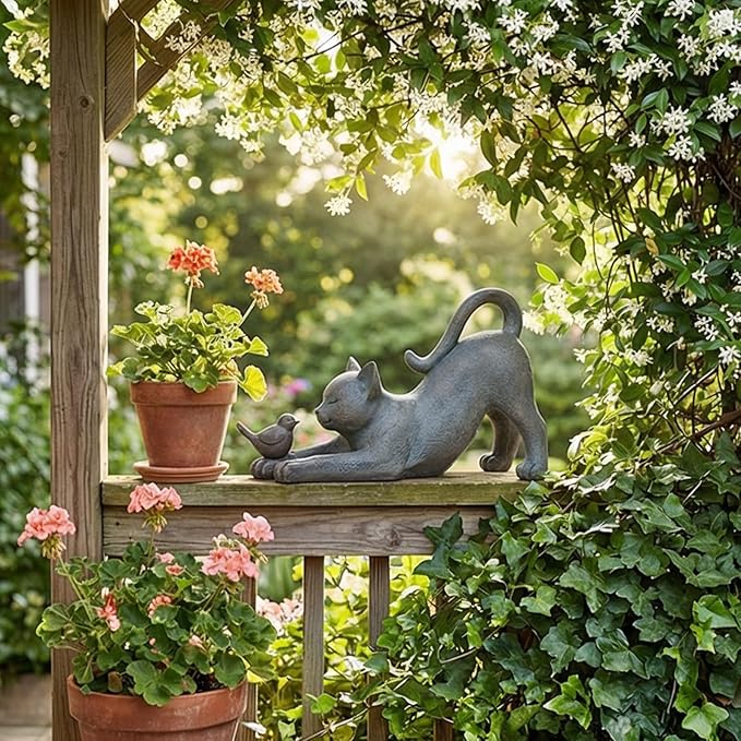 Cat Garden Statues Outdoor Cat-Figurines - Home Garden Decor 16 x 6 x 9.5 inch Resin Cats & Bird Playing Sculpture Statue for Farmhouse Outside Backyard Lawn Gift for Kitten Lovers Newman House Studio