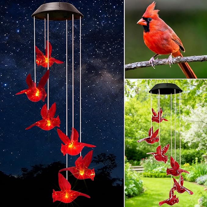 Cardinal Solar Wind Chimes for Outside,Cardinal Gifts for Women Mom Mother,Solar Red Bird Memorial Wind Chimes,Solar Powered Wind Chime Waterproof,Red Bird Decor for Garden Patio Outdoor Porch