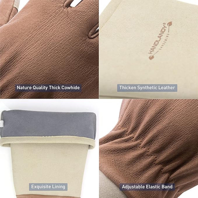 HANDLANDY Long Gardening Gloves for Men & Women, Thorn Proof Rose Pruning Gloves Leather Gauntlets Garden Glove Yard Work Glove (Medium, Brown)