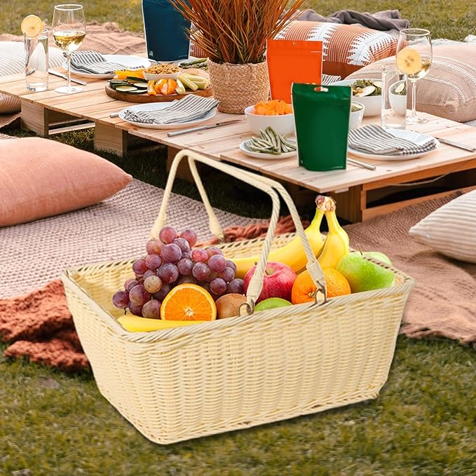 MYCENSE Wicker Picnic Storage Basket with Foldable Handle, PP Woven Empty Picnic Baskets, Sturdy Iron Wire Frame, Versatile Harvest Basket for Camping, Beach, Park, Halloween, B 40x30x18cm