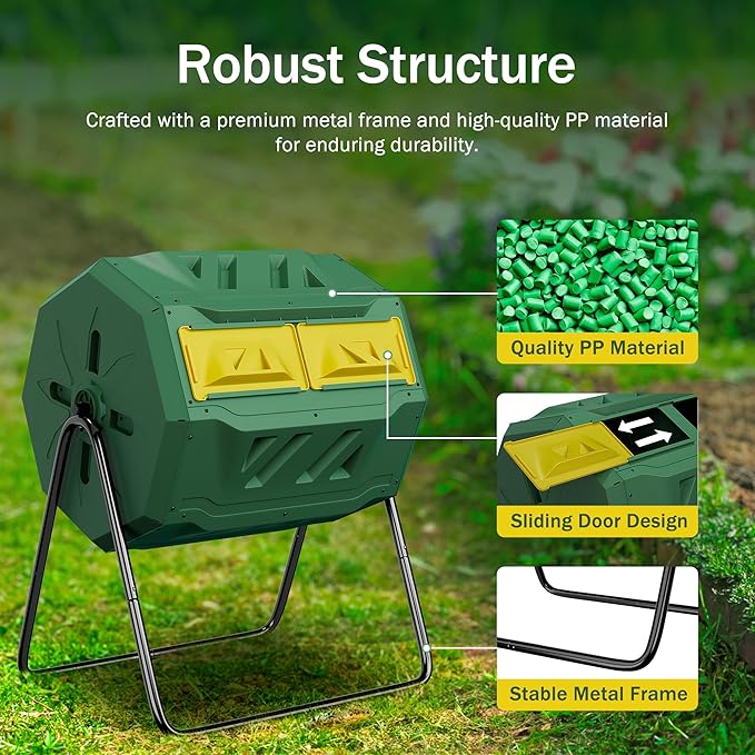 SUPER DEAL Outdoor Composter Bin, 43 Gallon Dual Chamber Composter Tumbler 360° Rotating BPA Free with Sliding Doors Heavy Duty Steel Frame for Garden Yard Kitchen Waste, Green