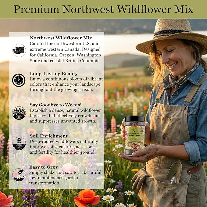 Geva Grow on the Go Seed Shaker - Northwest Wildflower Seeds Regional Mix - Organic, Non-GMO - 100% Pure Seed - 20 Different Wildflowers Seeds of Annual and Perennial, 2oz