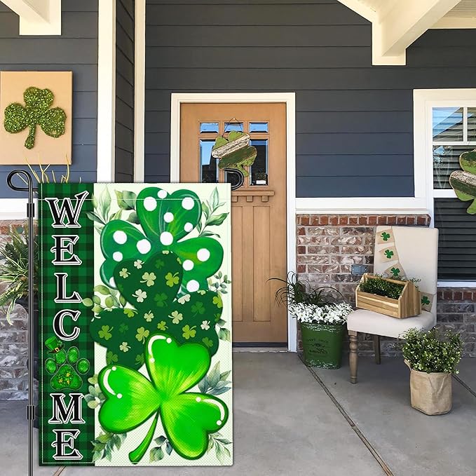 St Patricks Day Garden Flag Shamrock Lucky Irish Blessing Garden Flag Happy St Patrick's Day Yard Decor Garden Flags for Outside 12×18 Inch Double Sided Outdoor House Holiday Decorations
